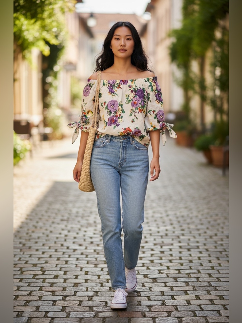Willow & Clay Cream Floral Off-Shoulder Tie-Sleeve Top size S